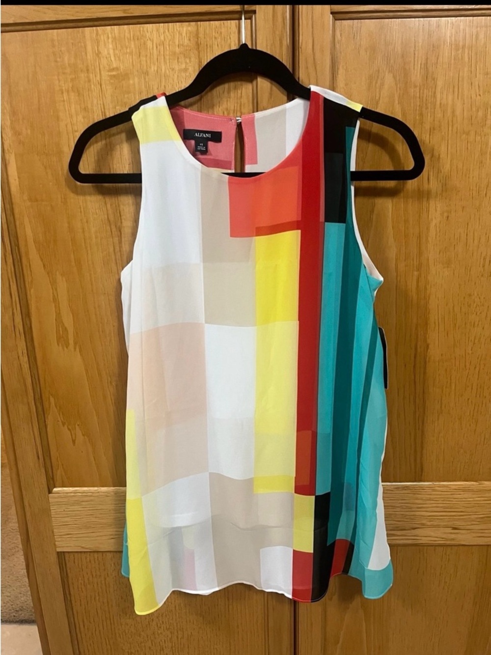 Alfani Multicolor Block Print Sleeveless blouse - White, Teal & Red-XS